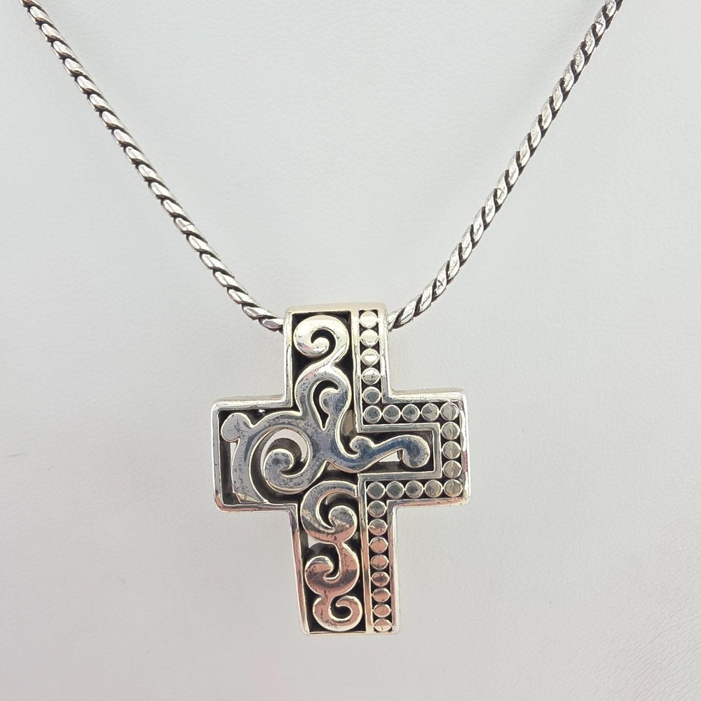 BRIGHTON Uluwatu Cross Badge Clip Lanyard Necklace Open Scroll Silver Plate 32"